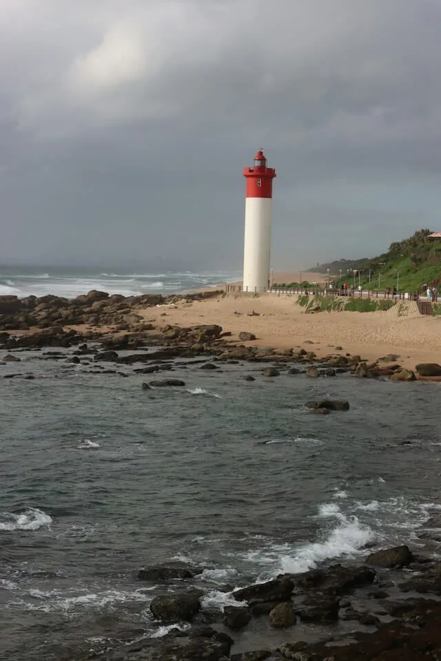 The iconic red-and-white Umhlanga lighthouse on the KwaZulu-Natal coast